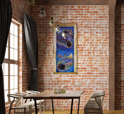 Fish Window painting on antique casement window on a brick wall