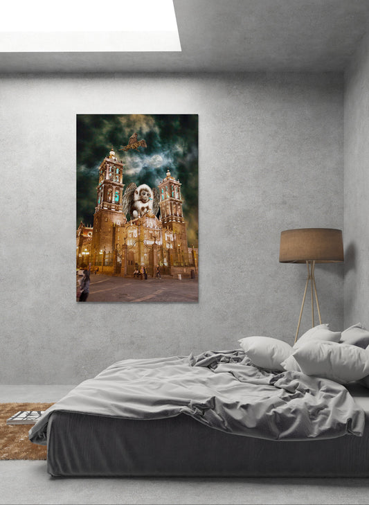 Bedroom with a large painting of a lion on a castle wall above a bed. Flying Monkeys of Puebla bye Doug LaRue
