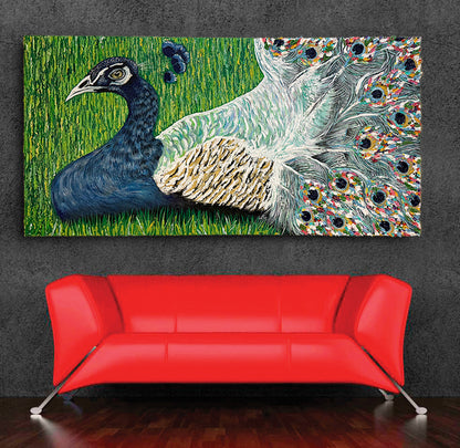 Peacock painting on a wall above a red sofa. Frida Kahlo's Peacock art by Doug LaRue