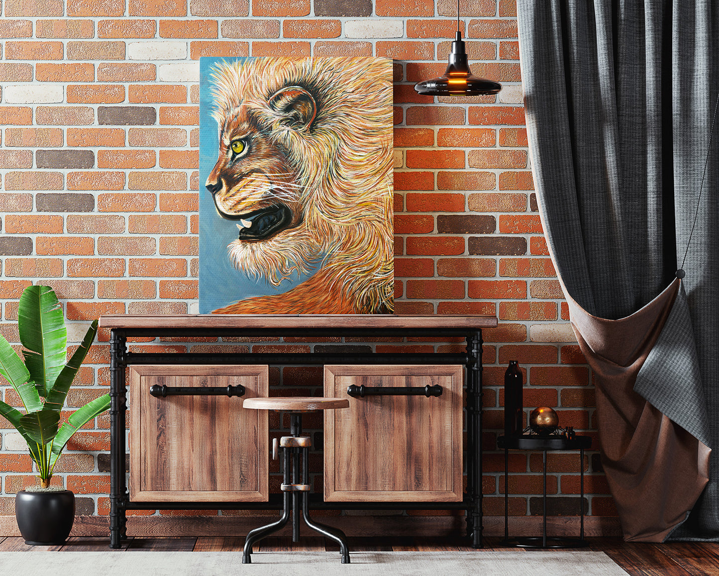 Golden Lion acrylic painting by Doug LaRue on a rustic counter next to a brick wall