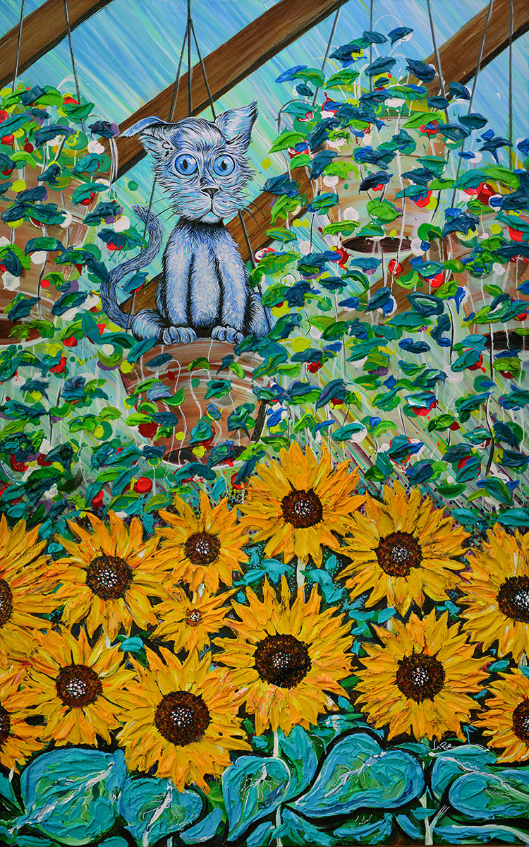 Painting of a cat sitting among sunflowers and plants. Green House by Doug LaRue