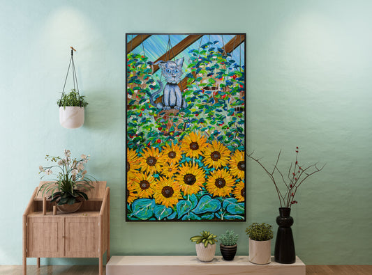 Decorative wall art with a cat and sunflower design in a room with plants and furniture. Green House by Doug LaRue