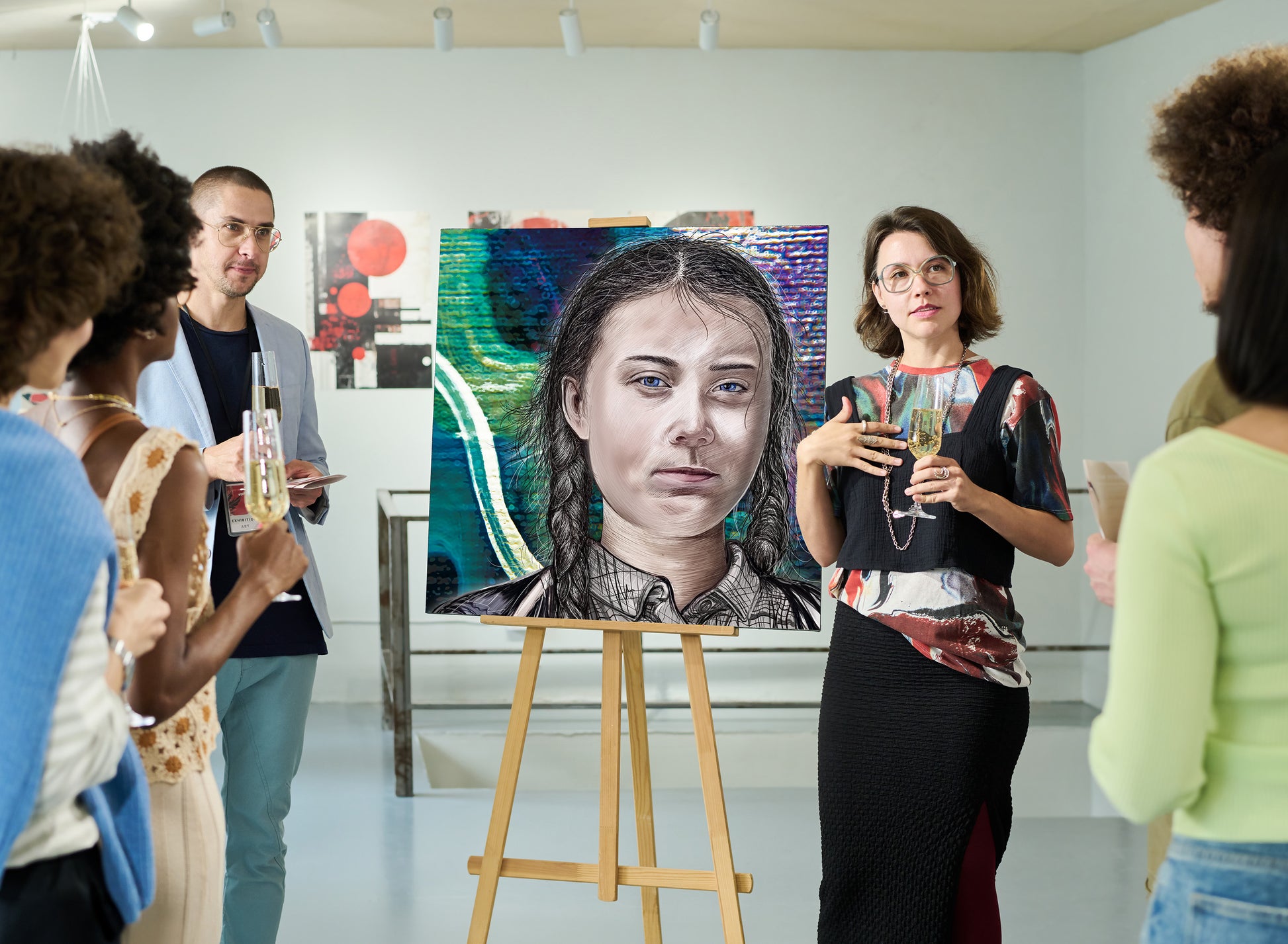 A group of people in an art gallery are gathered around a large portrait painting displayed on a wooden easel. The painting depicts a woman with dark hair and a neutral expression.  Greta Thunberg by Doug LaRue