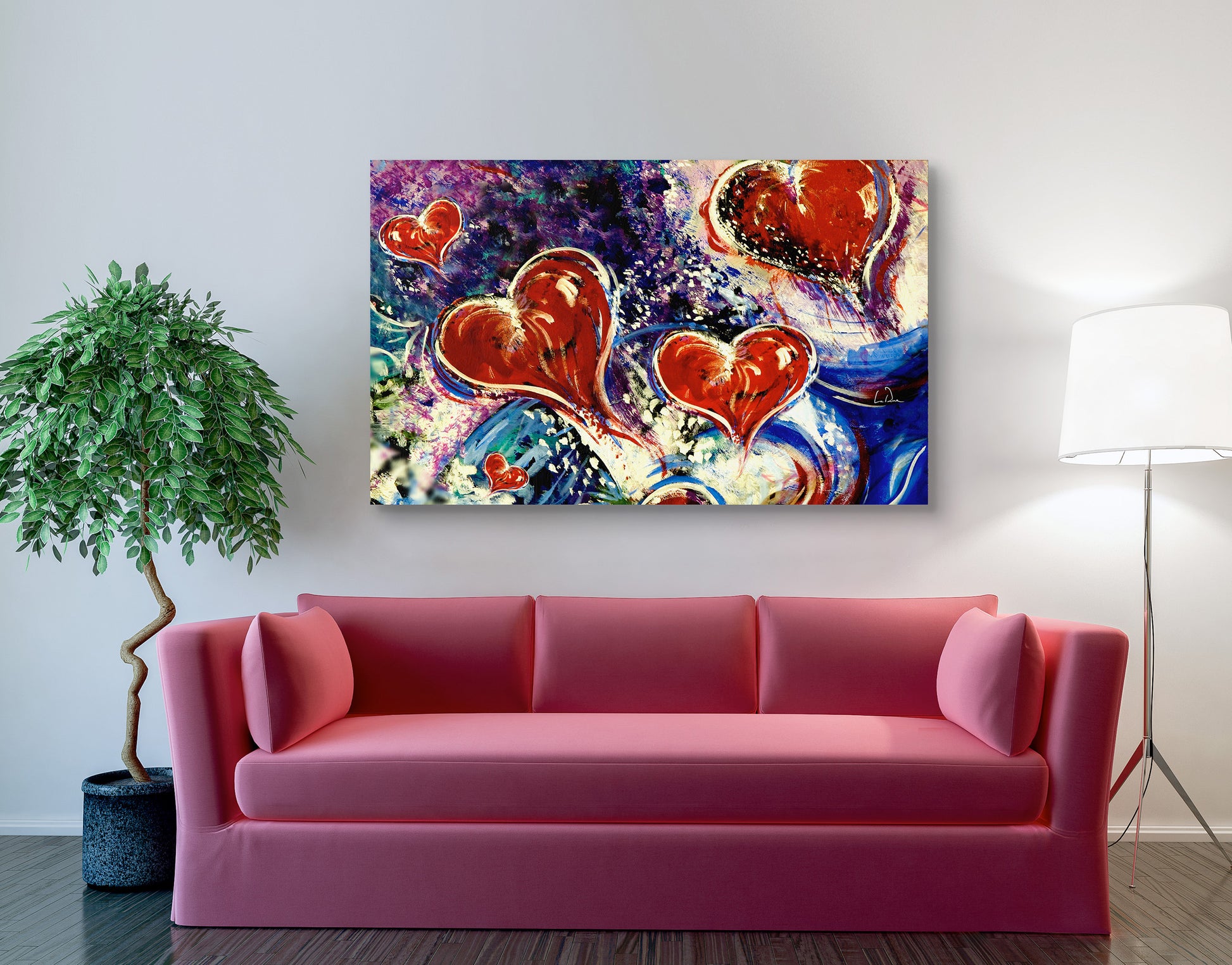 Hearts adrift art by Doug LaRue over a red couch