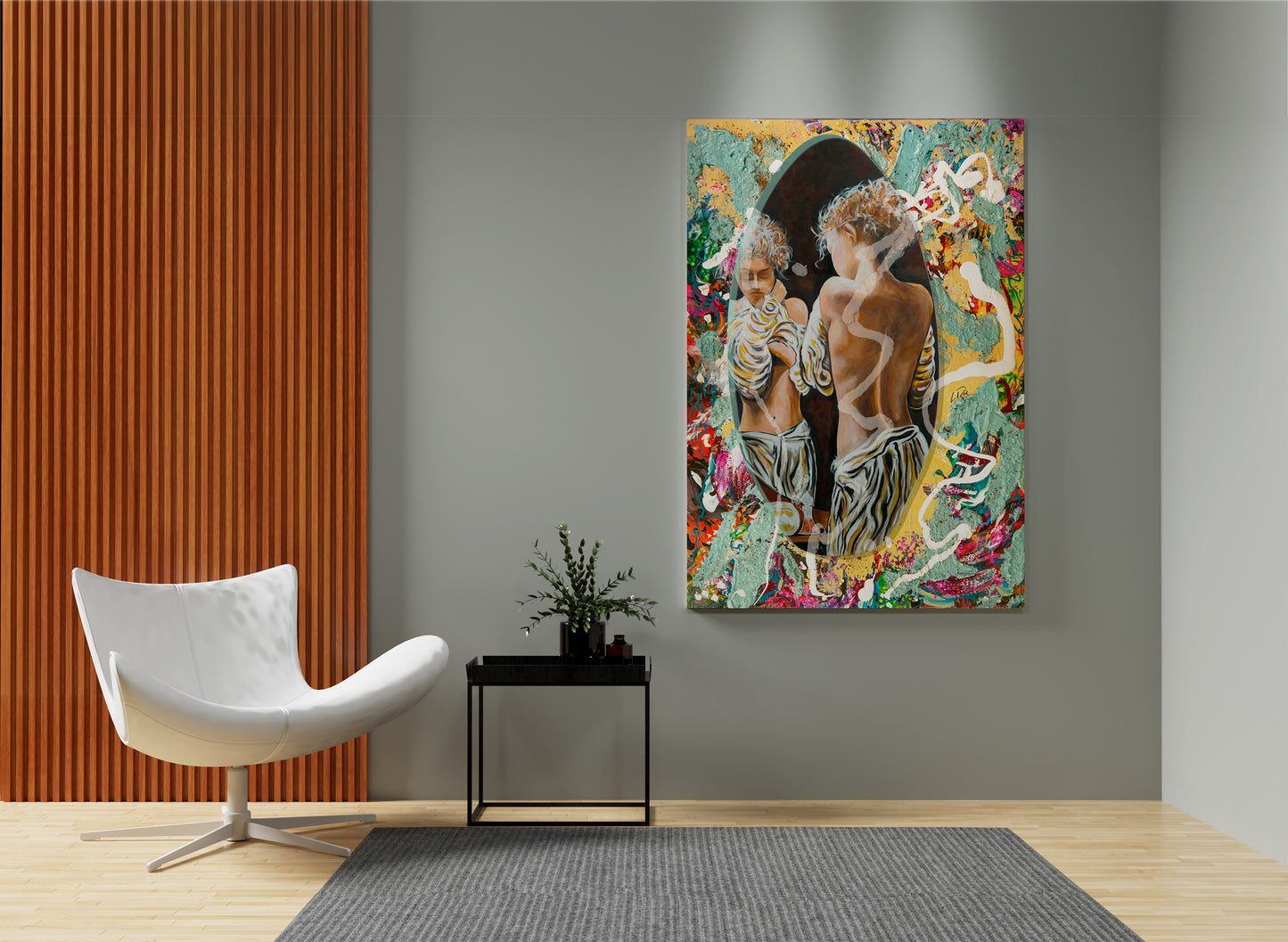 Colorful abstract painting on a wall above a white chair and small table. yde Park Portal art by Doug LaRue