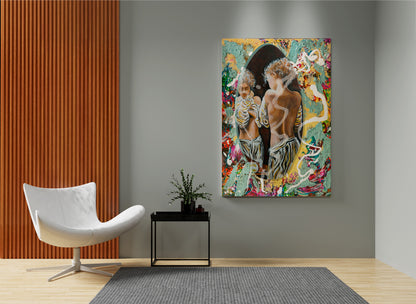 Colorful abstract painting on a wall above a white chair and small table. yde Park Portal art by Doug LaRue