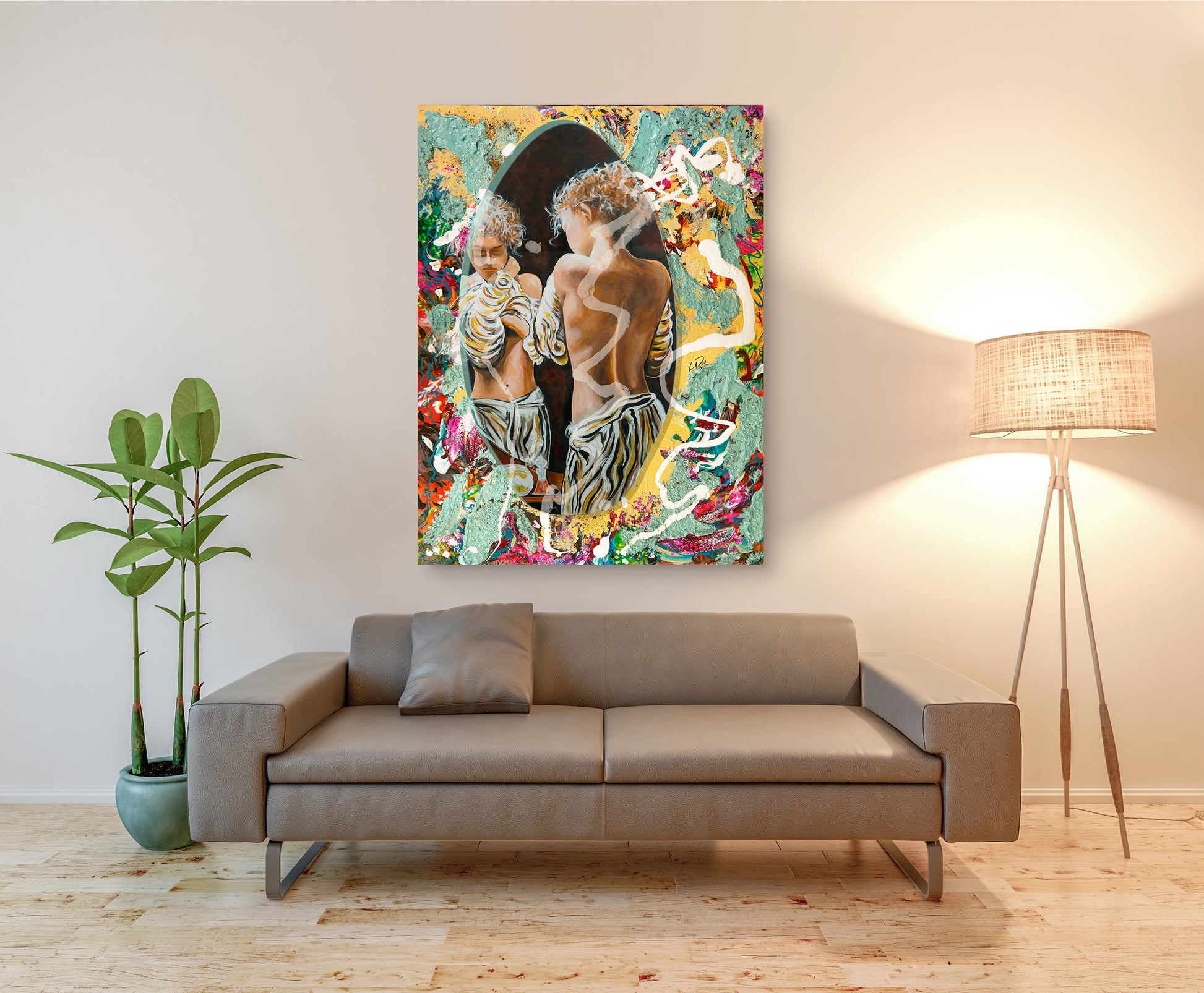 Colorful abstract painting on a wall above a gray sofa in a living room. yde Park Portal art by Doug LaRue