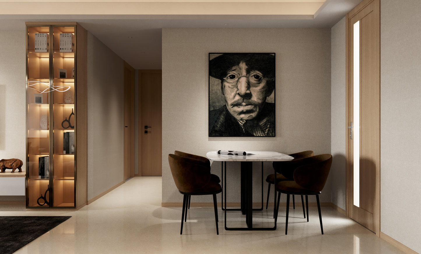 Modern interior with a dining table and chairs, a tall wooden cabinet, and a wall art piece. Jake pencil portrait done by Doug LaRue back at the University in 1985