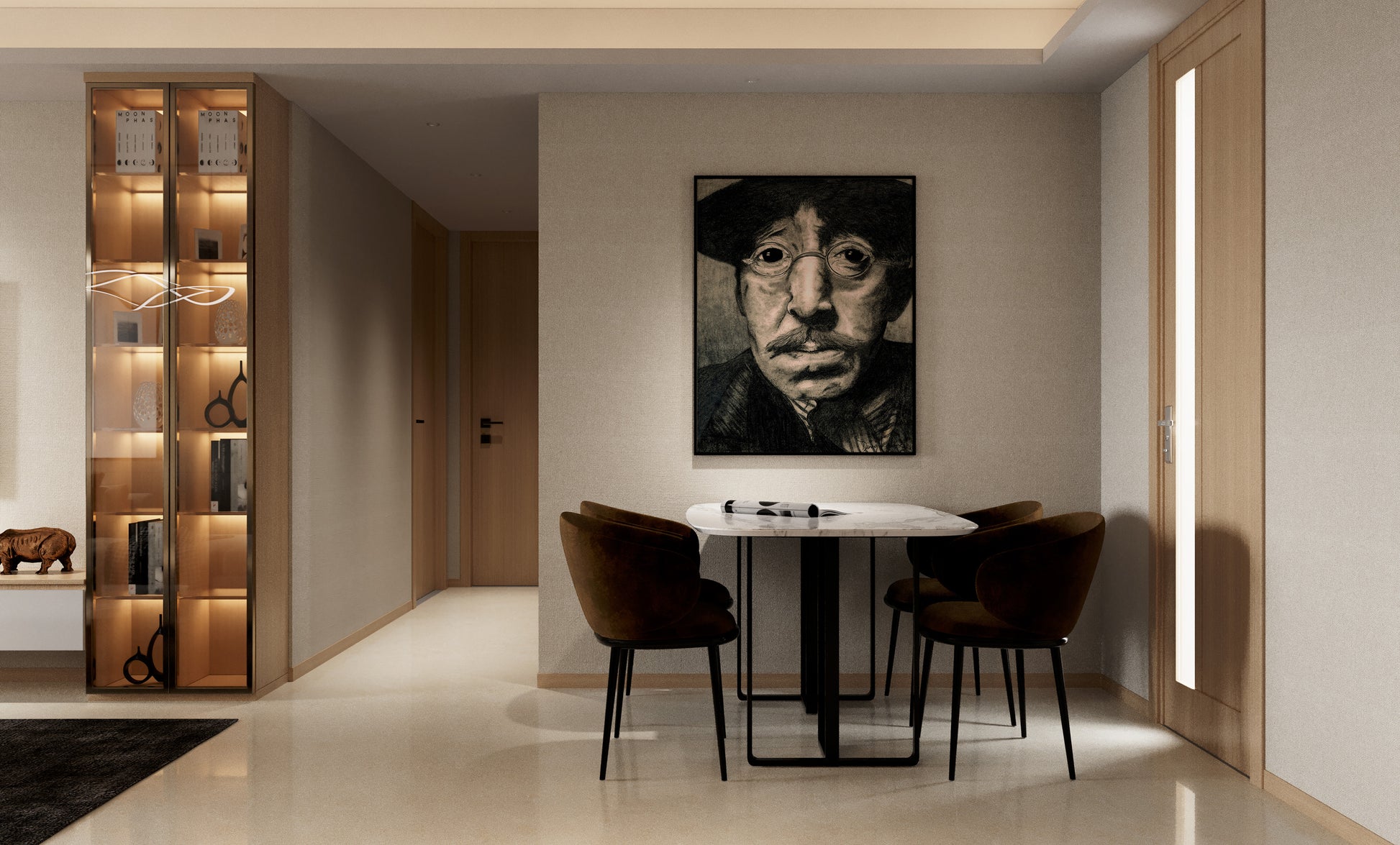 Modern interior with a dining table and chairs, a tall wooden cabinet, and a wall art piece. Jake pencil portrait done by Doug LaRue back at the University in 1985