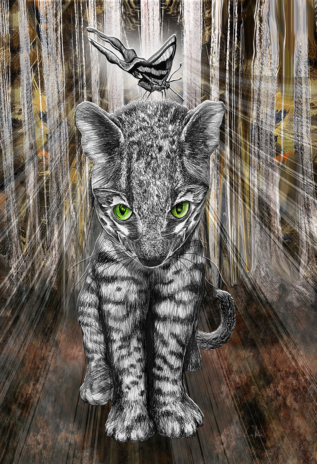 Jungle Kitty's Shiny New Friend mixed media art by Doug LaRue