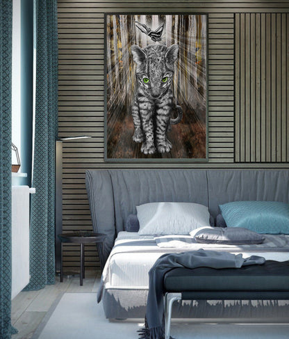 Jungle Kitty's Shiny New Friend mixed media art by Doug LaRue in a master bedroom on a wood slat panel wall
