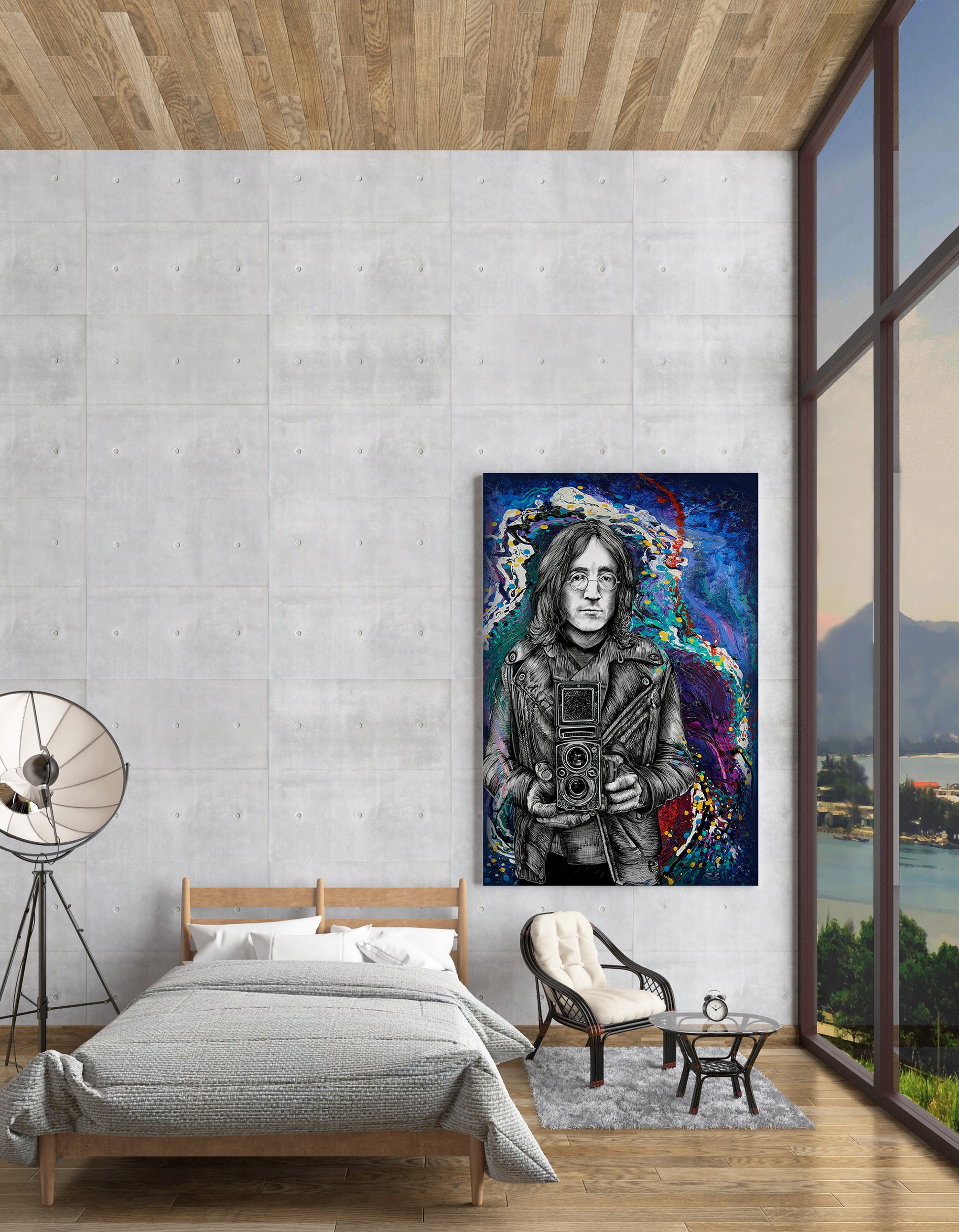 Modern bedroom with a large abstract painting on the wall called John Lennon Twin Lens by Doug LaRue