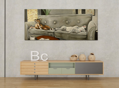 Let Sleeping Dogs painting by Doug LaRue on a wall over a cabinet