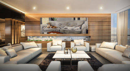 Modern living room with gray sofas, a coffee table, and a large TV screen. Let Sleeping Dogs oil painting by Doug LaRue