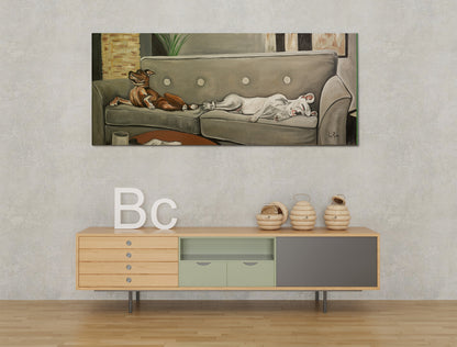 Let Sleeping Dogs painting by Doug LaRue on a wall over a cabinet