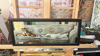 Let Sleeping Dogs oil painting by Doug LaRue 7x19 print in black wood frame