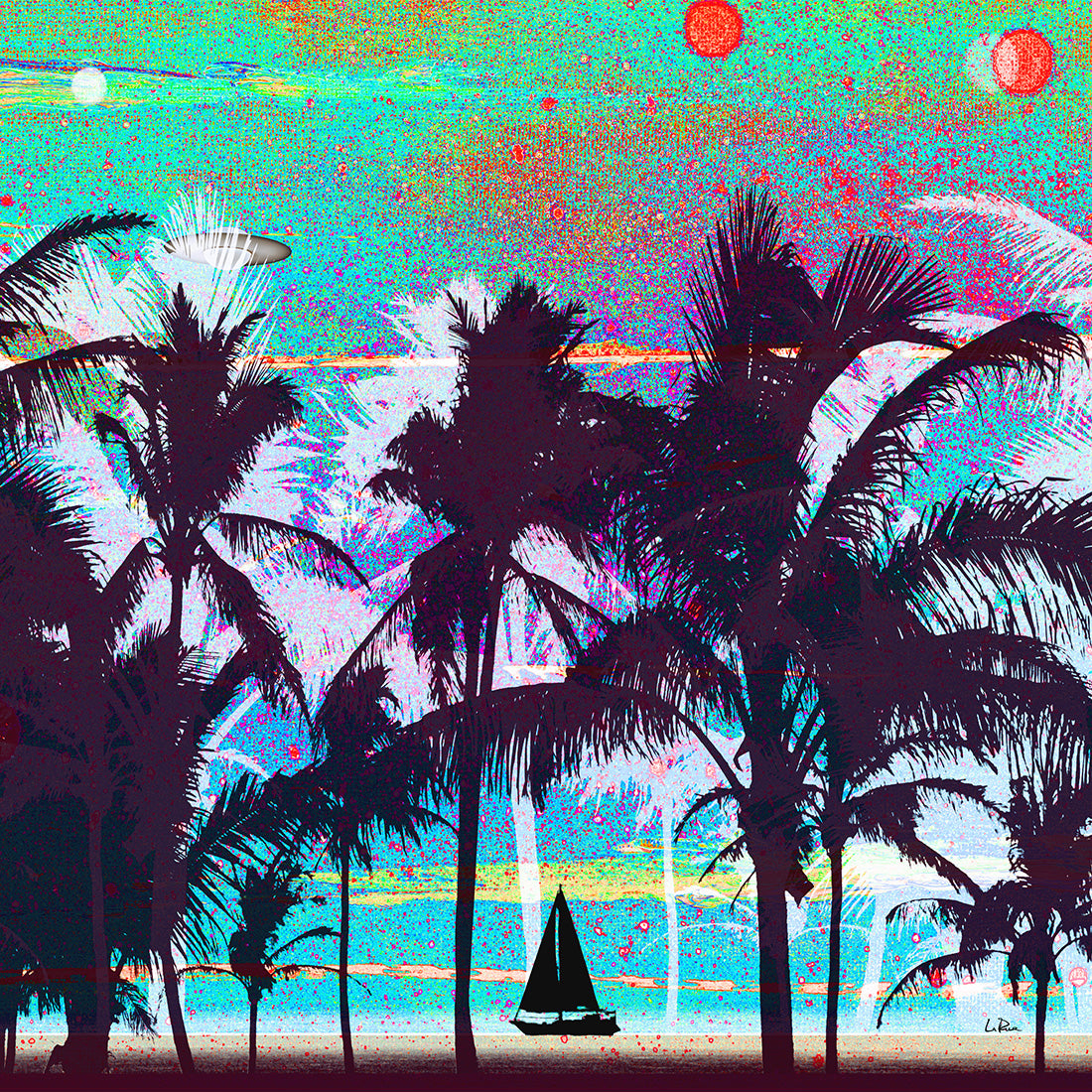 A colorful, stylized tropical beach scene with silhouetted palm trees, a small sailboat on the water, and abstract sun or moon shapes in a psychedelic, high-contrast palette.