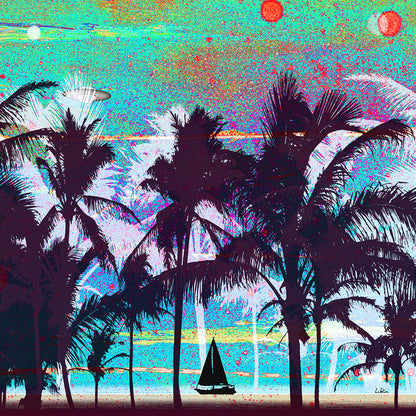 A colorful, stylized tropical beach scene with silhouetted palm trees, a small sailboat on the water, and abstract sun or moon shapes in a psychedelic, high-contrast palette.