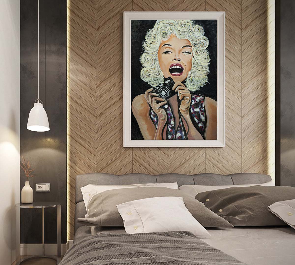 Marilyn Monroe portrait in oil on canvas on a wood panel wall by Doug LaRue