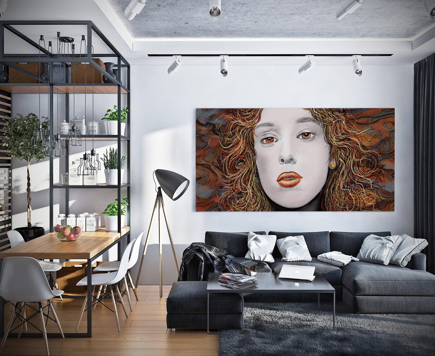 Millie Monster Queen mixed media artwork by Doug LaRue on a modern living room wall 