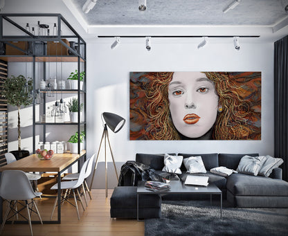 Millie Monster Queen mixed media artwork by Doug LaRue on a modern living room wall 