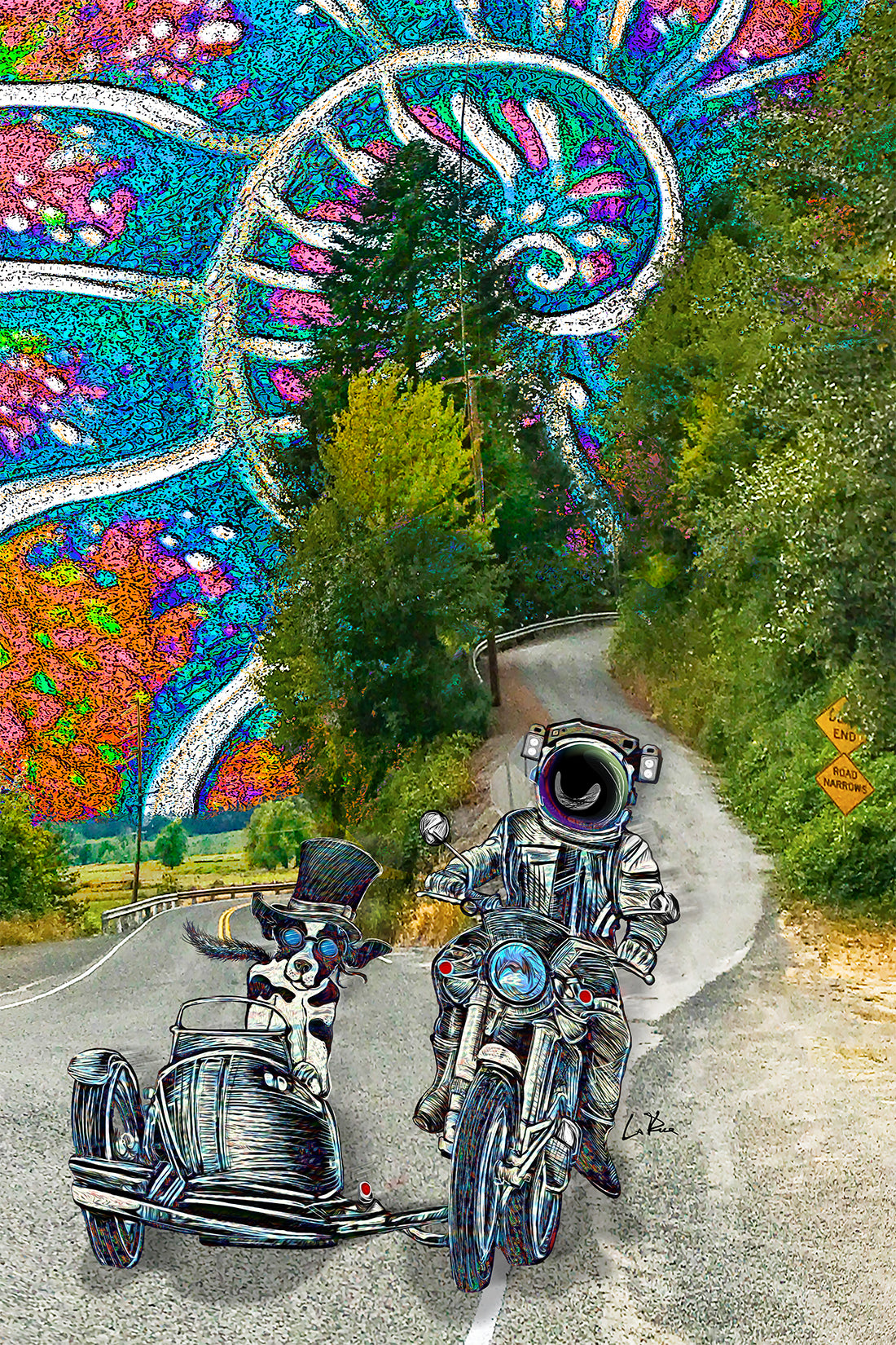 Moondoggy-Nautilus is mixed media art by Doug LaRue depicting an astronaut driving a motorcycle with a dog in a tophat and goggles in a sidecar.