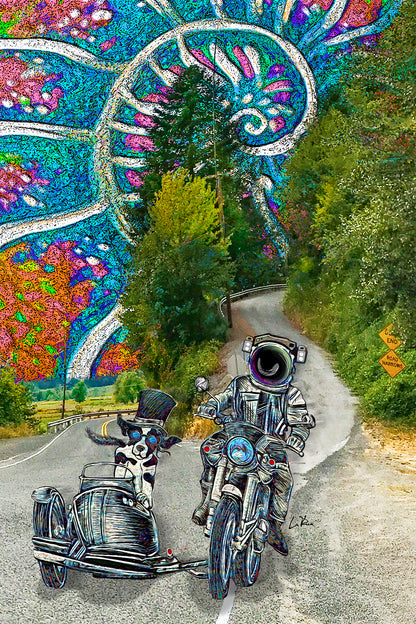 Moondoggy-Nautilus is mixed media art by Doug LaRue depicting an astronaut driving a motorcycle with a dog in a tophat and goggles in a sidecar.