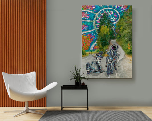 Moondoggy-Nautilus is mixed media art by Doug LaRue depicting an astronaut driving a motorcycle with a dog in a tophat and goggles in a sidecar in a modern living room.