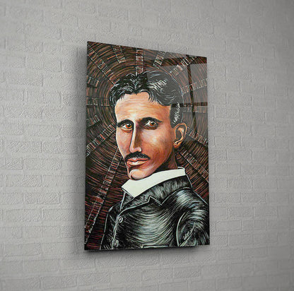 Nikola Tesla portrait painting by Doug LaRue on a white brick wall