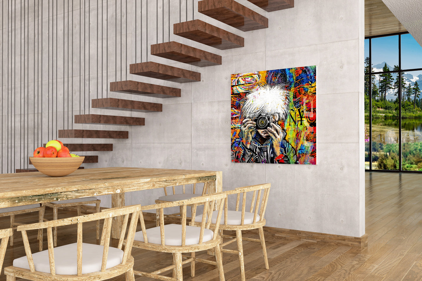 Dining room with a colorful abstract painting on the wall, wooden table, and chairs. Warhol’s Camera ñ¥© mixed media artwork.