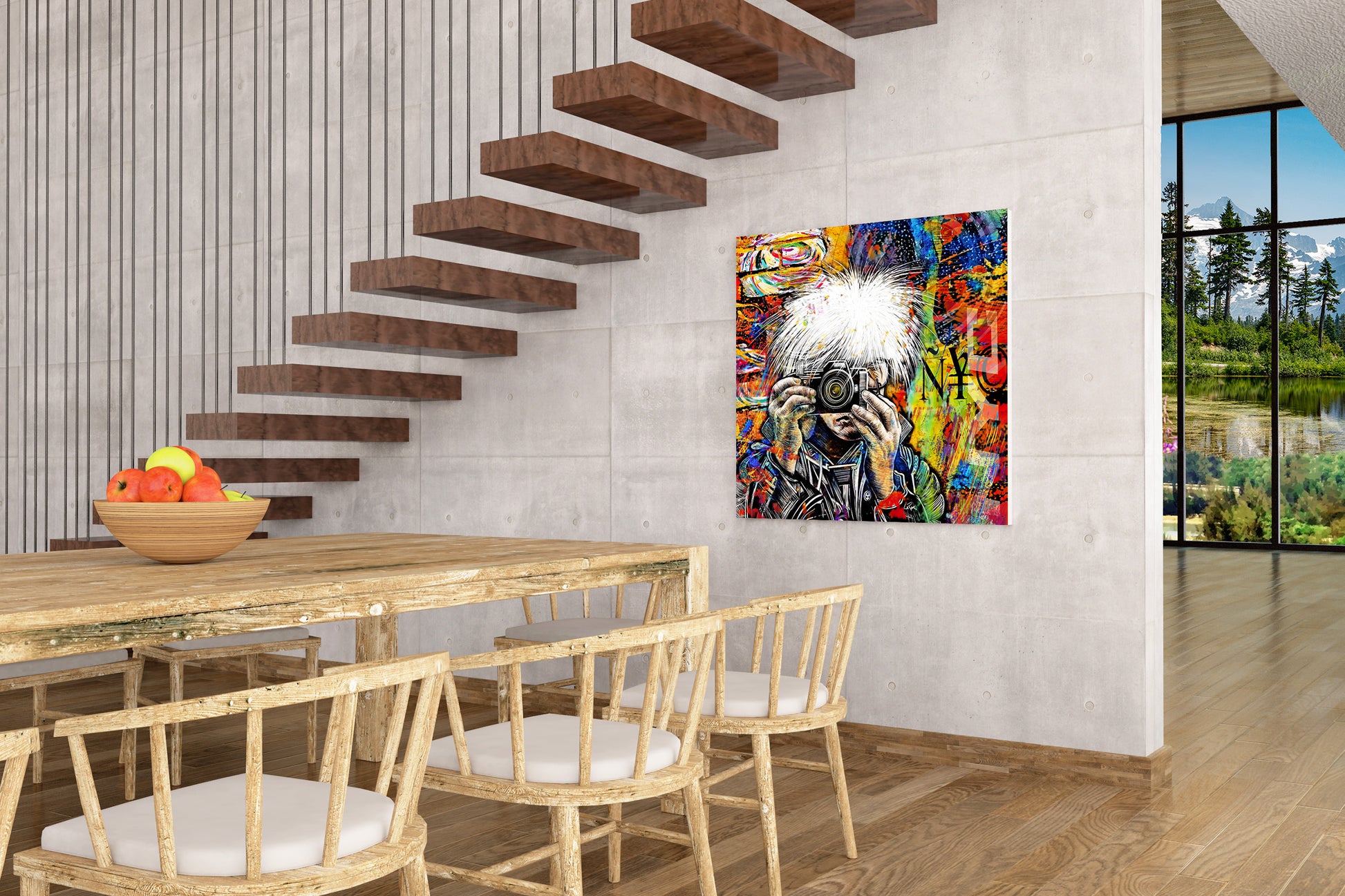 Dining room with a colorful abstract painting on the wall, wooden table, and chairs. Warhol’s Camera ñ¥© mixed media artwork.