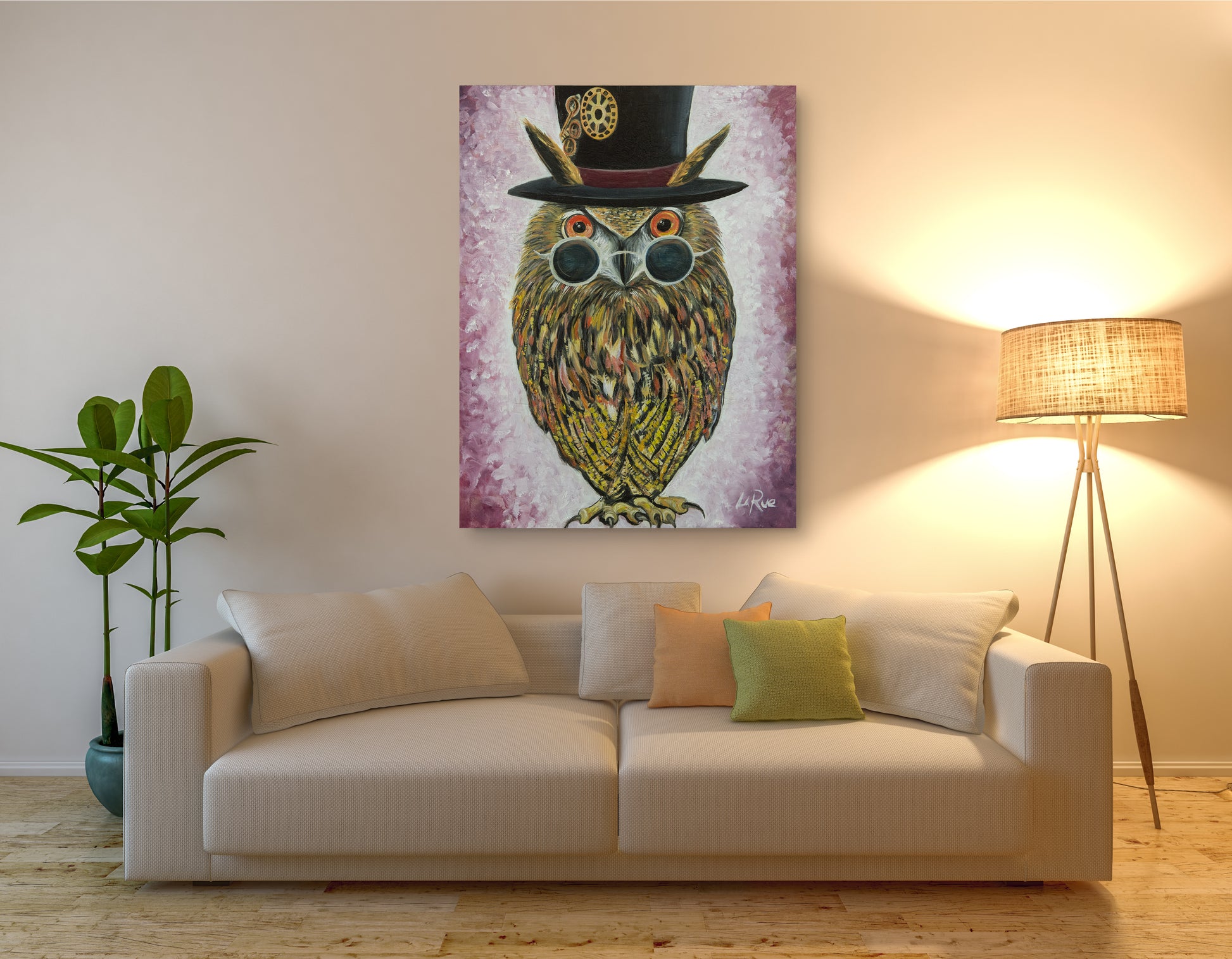 Decorative owl painting above a sofa with colorful cushions in a living room setting. Owl in Top Hat oil painting by Doug LaRue