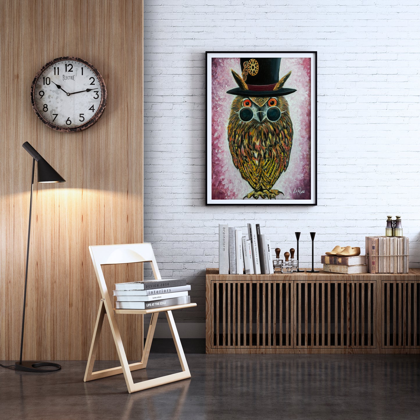 Modern interior with a clock, chair, books, and a framed picture of an owl wearing a top hat. Owl in Top Hat oil painting by Doug LaRue