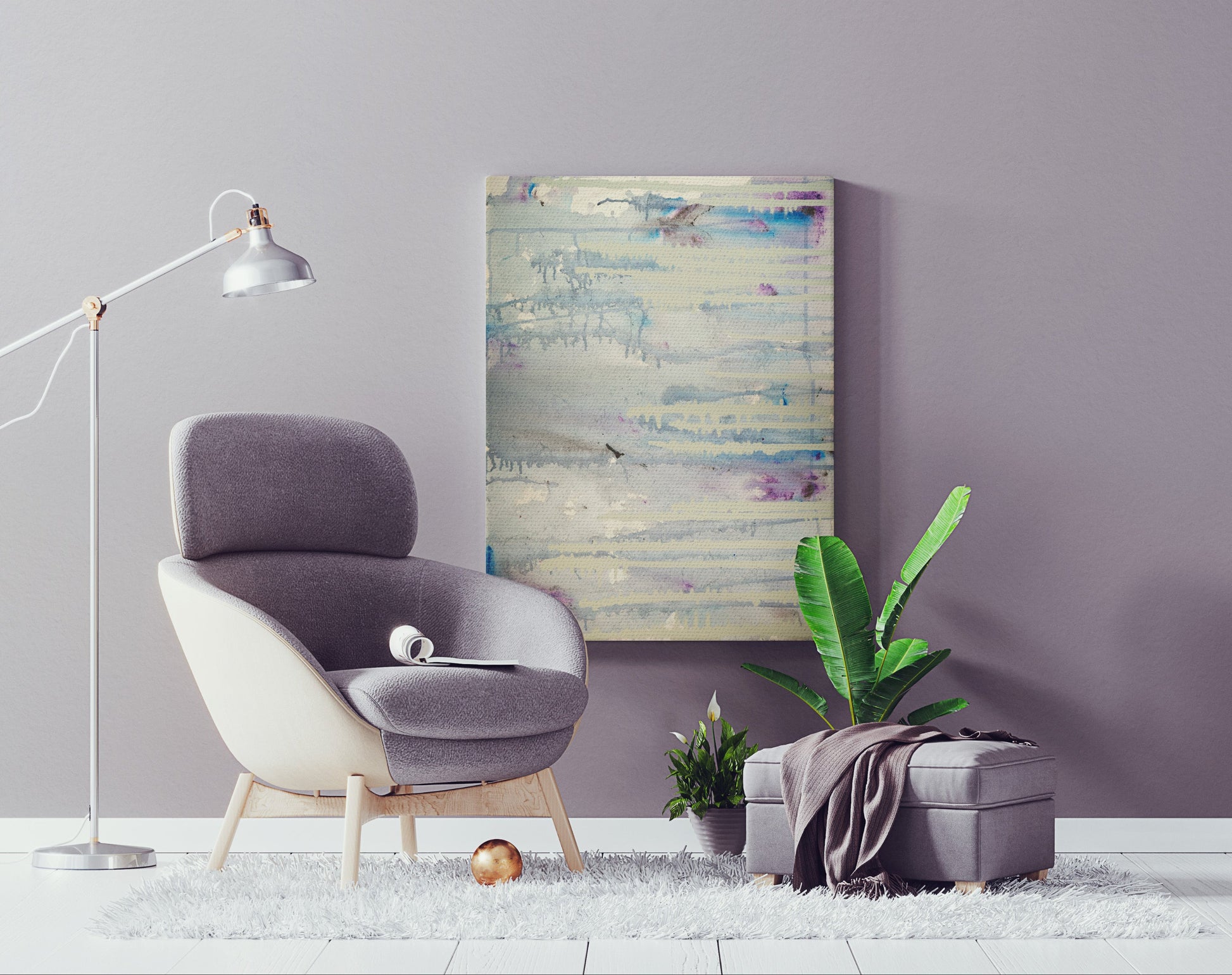 Pale Aquatic24x20x1.5 in. abstract canvas by Doug LaRue on a wall next to a modern chair and plant