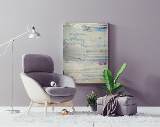 Pale Aquatic24x20x1.5 in. abstract canvas by Doug LaRue on a wall next to a modern chair and plant