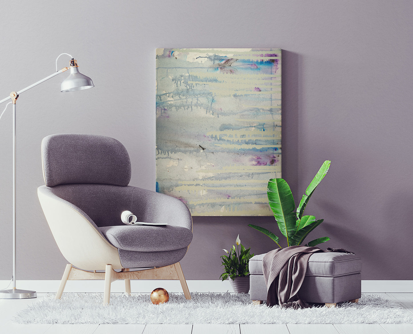 Pale Aquatic 24x20x1.5 in. abstract canvas by Doug LaRue on a wall next to a modern chair and plant