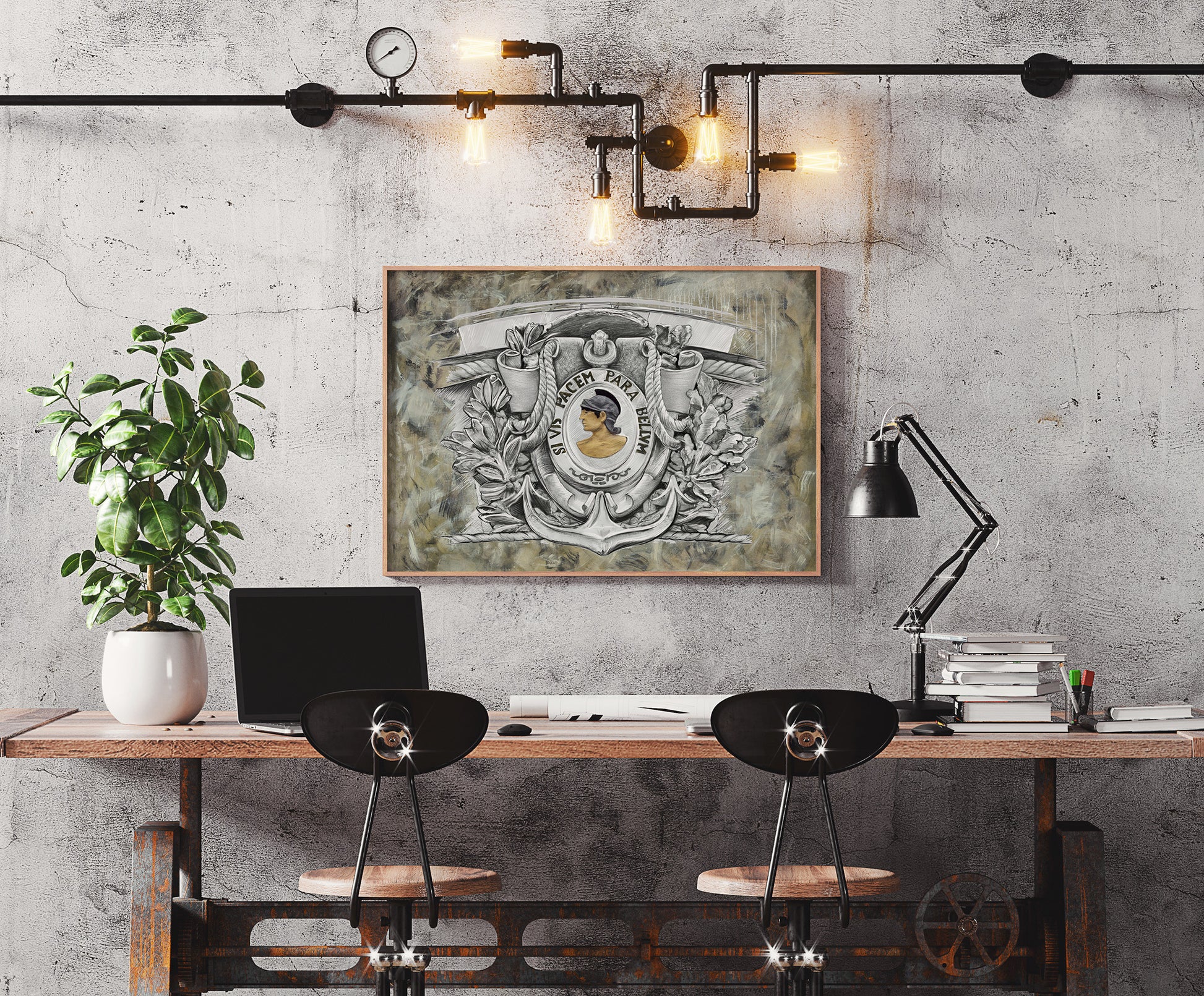 Khaki Parabellum mixed media art by Doug LaRue on a concrete wall over a desk