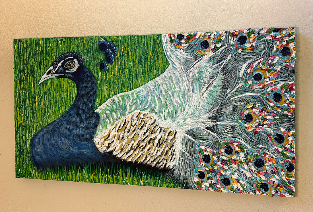 Frida Kahlo's Peacock art by Doug LaRue angled on an easel to show the thick impasto on the tail