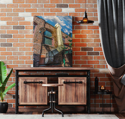 Pikes Alley photograph, Seattle by Doug LaRue Canvas print on a counter leaning on a brick wall