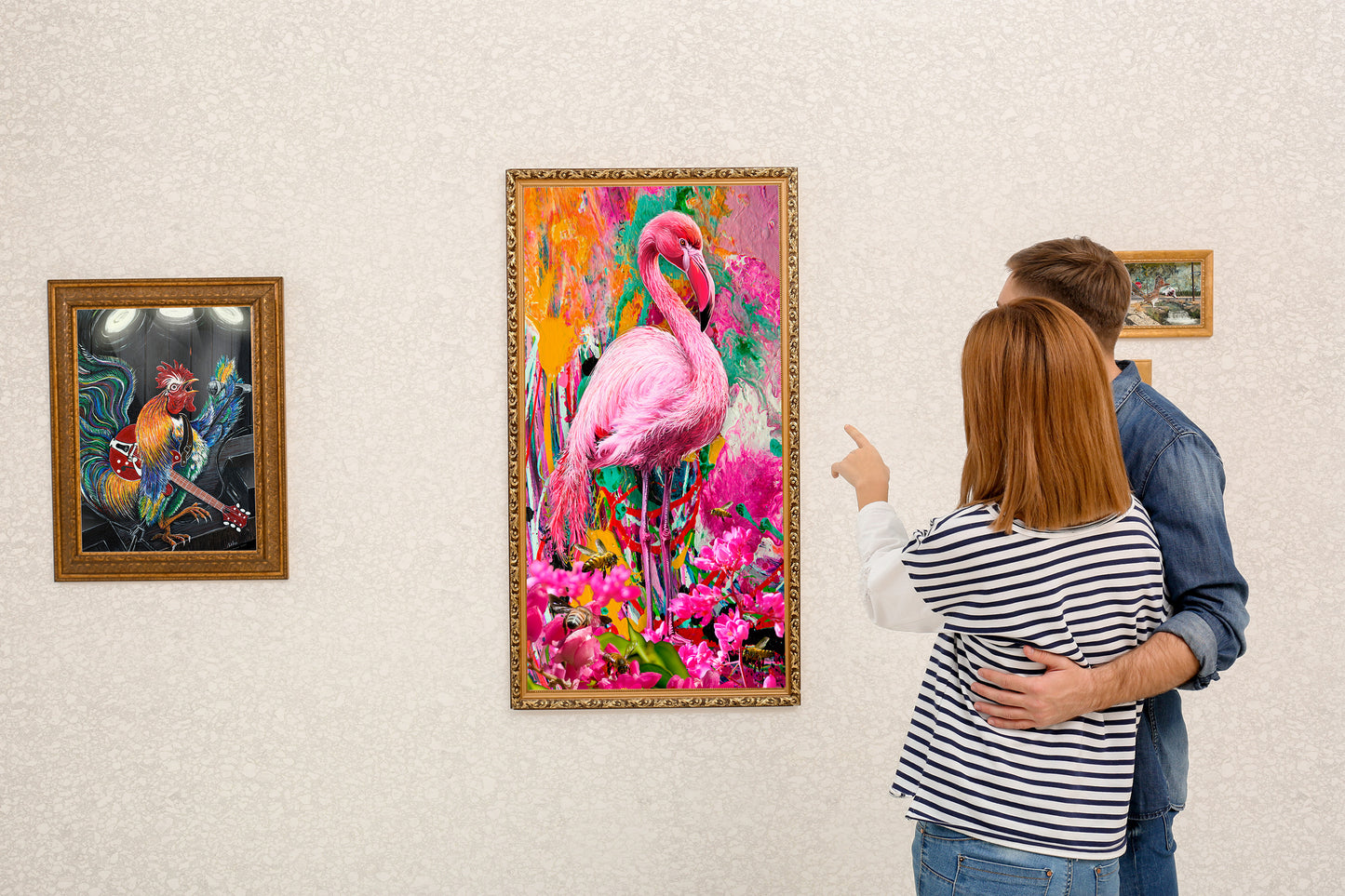 Two people looking at a colorful flamingo painting on a wall.  Pink Flamingo by Doug LaRue