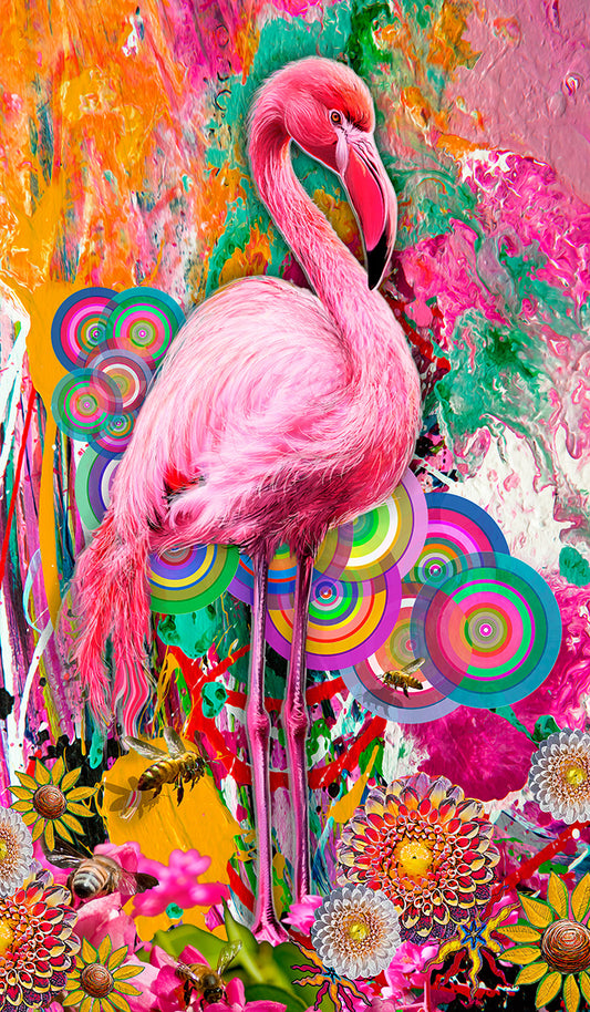 A vibrant, colorful digital art print featuring a pink flamingo standing amidst a highly detailed, psychedelic background of flowers, swirls, and abstract paint strokes.  Pink Flamingo by Doug LaRue