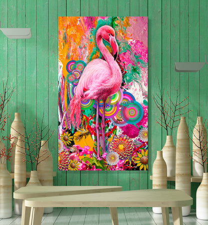 A colorful canvas wall art print featuring a pink flamingo over a vibrant floral and abstract background, displayed on a green wood-paneled wall above a light wooden bench with decorative ceramic vases. Pink Flamingo by Doug LaRue