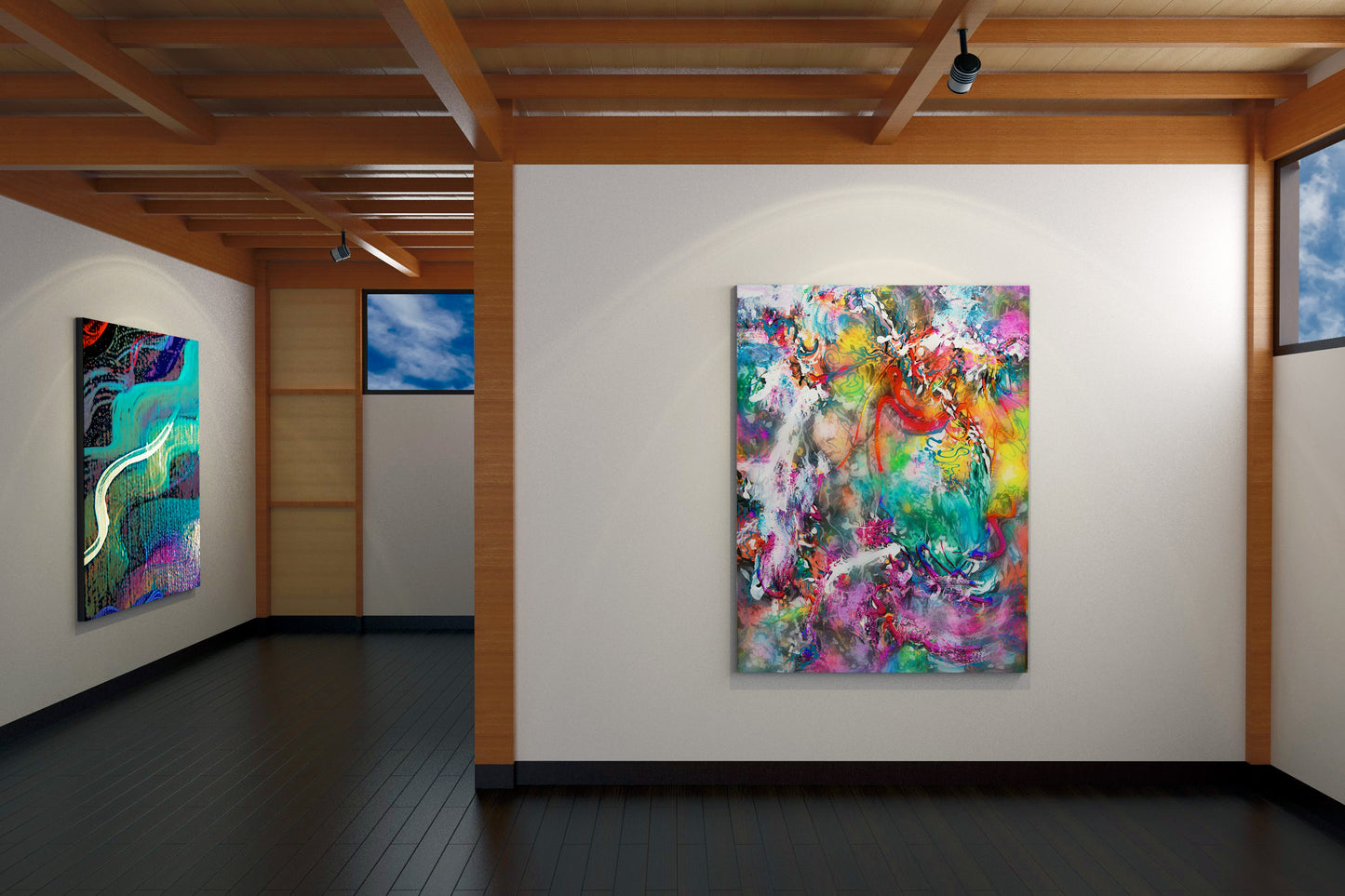 Art gallery with abstract paintings on white walls facing.  Balcones Pop Tart by Doug LaRue