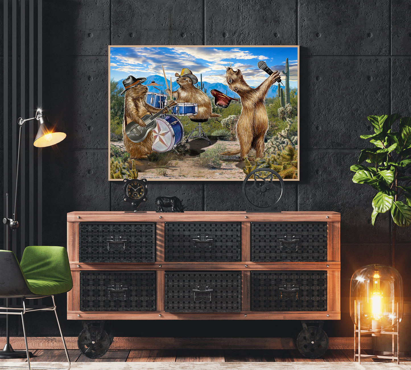 The Prairie Dogs mixed media art by Doug LaRue in a wood frame over a fancy dresser