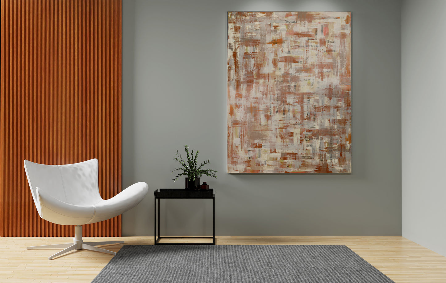 Modern interior with a white chair, small table, and abstract painting on a gray wall. Precious Weave by Doug LaRue