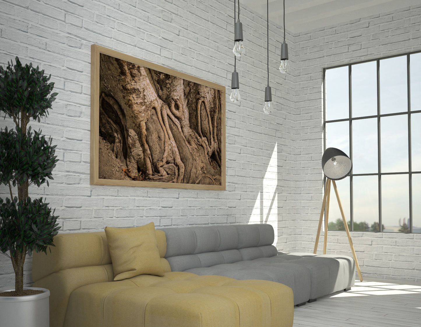 Puebla Roots photograph in a wood frame on a white brick all over a modern couch