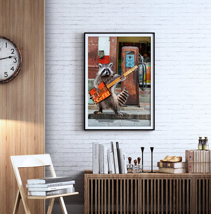 Rikki Raccoon Coffee Box Guitar Gas Pump framed and hung on a white brick wall in a study