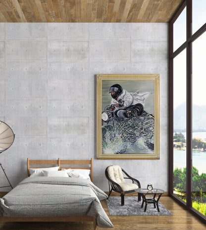 Modern bedroom with a framed artwork of a person in a in a white fur coat riding  motorcycle in the rain. Racing in the Rain, oil painting by Doug LaRue