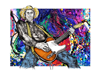 Colorful artwork of a man playing guitar with a vibrant abstract background. Slim Lawrence Embraced by Doug LaRue