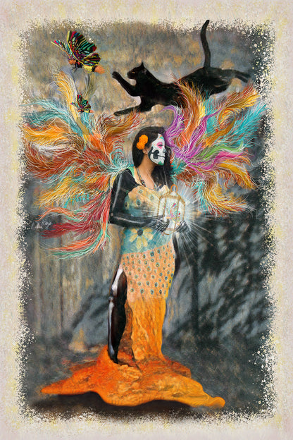 Soul Cage Catrina mixed media art by Doug LaRue. Artistic depiction of a person in a vibrant costume with feathers, surrounded by butterflies and a black cat.